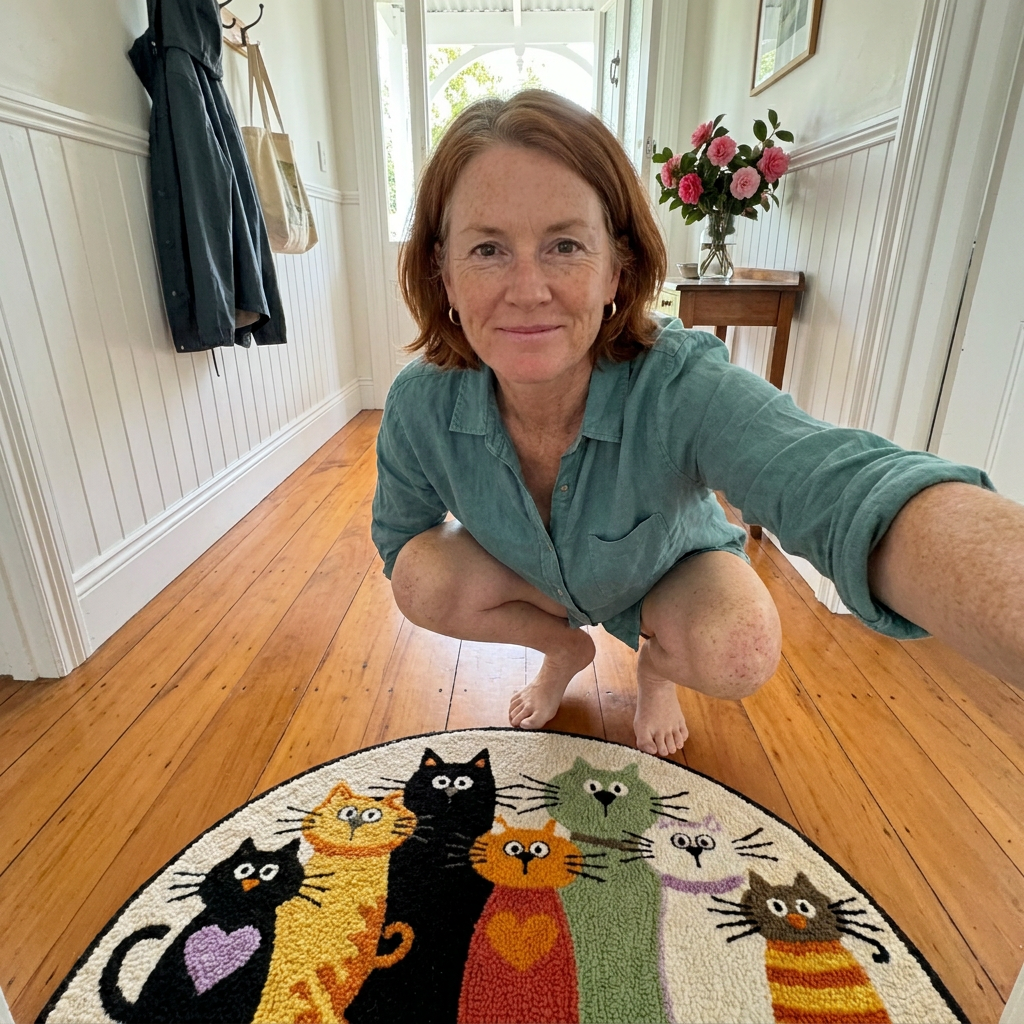 Customer photo of Delwyn's handmade Seven Cats rug