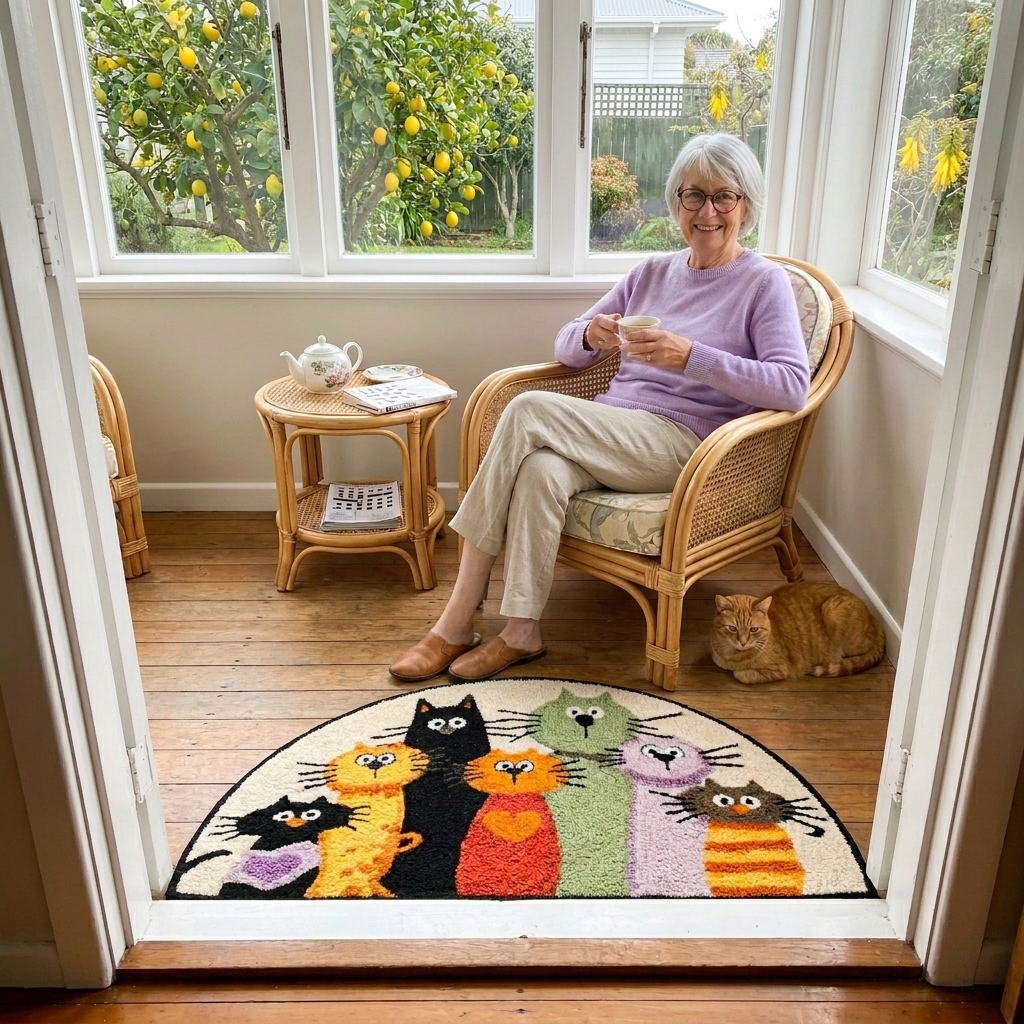 Customer photo of Delwyn's handmade Seven Cats rug