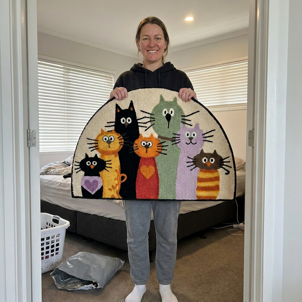 Customer photo of Delwyn's handmade Seven Cats rug