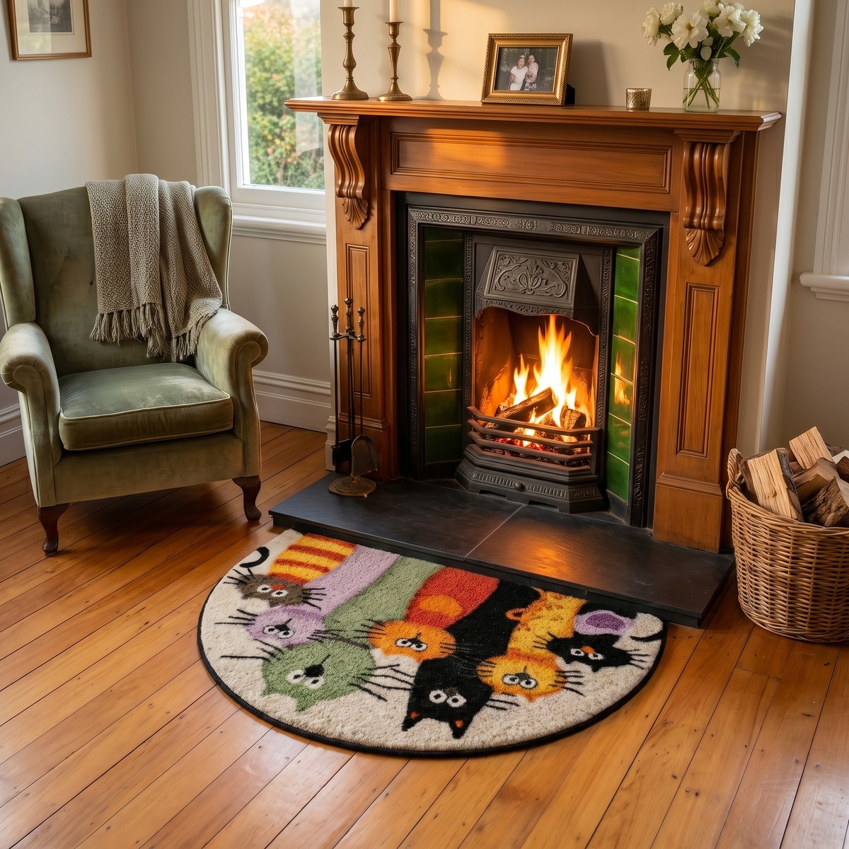 Seven Cats Classic rug in front of the fireplace
