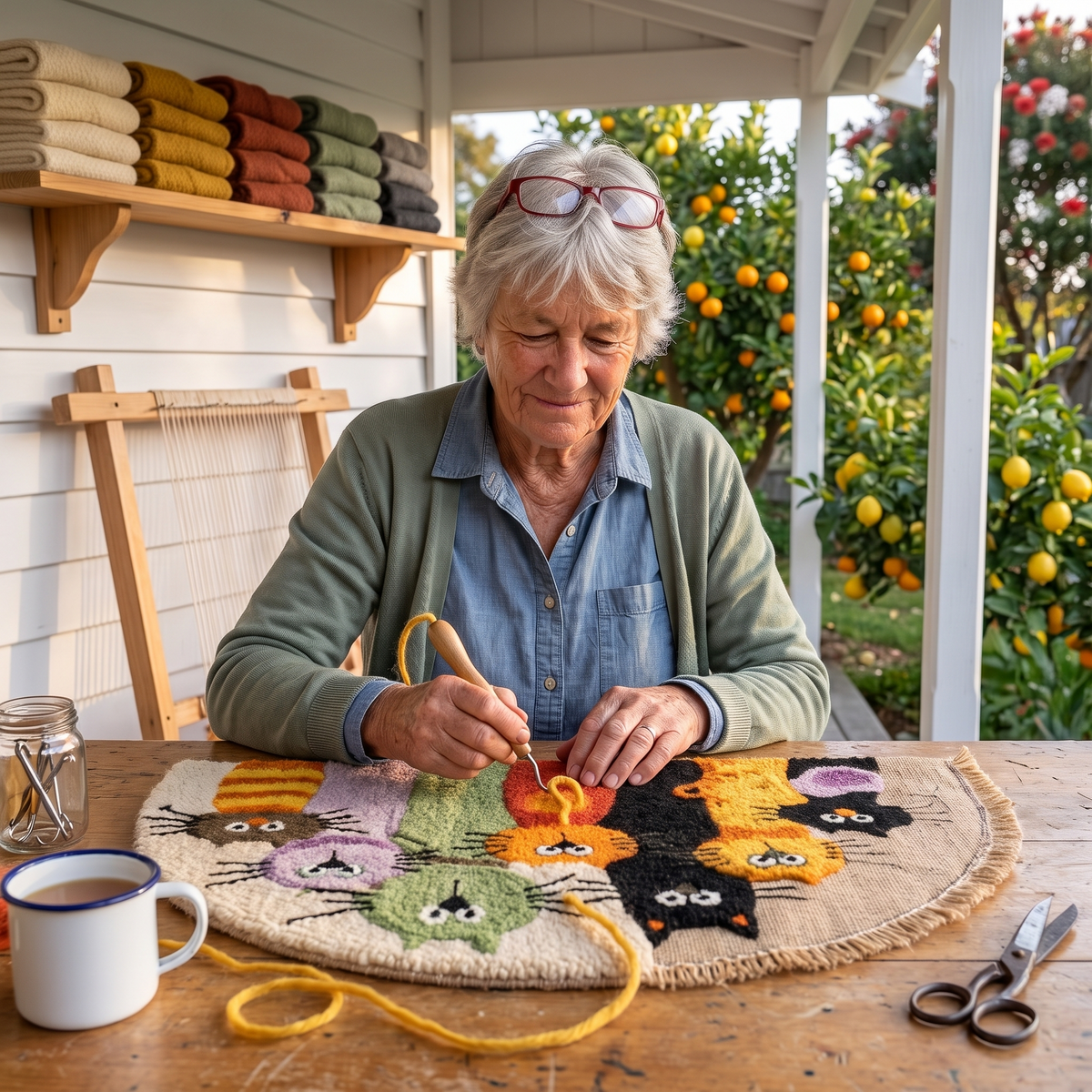 Delwyn hooking a Seven Cats rug by hand