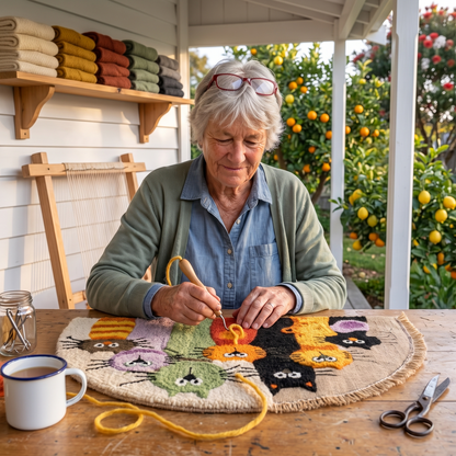 Delwyn hooking a Seven Cats rug by hand