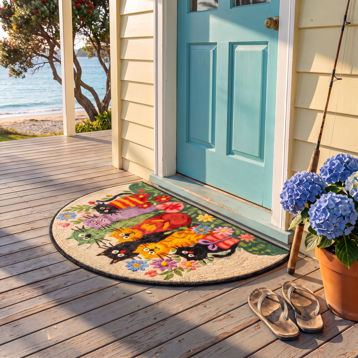 Seven Cats Flowers half-moon rug