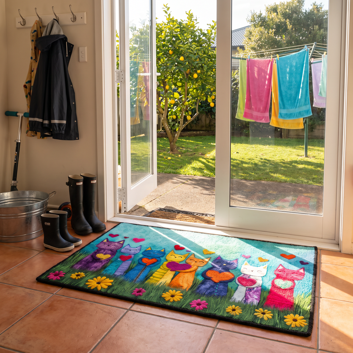 Colorful Hearts & Cats rug
