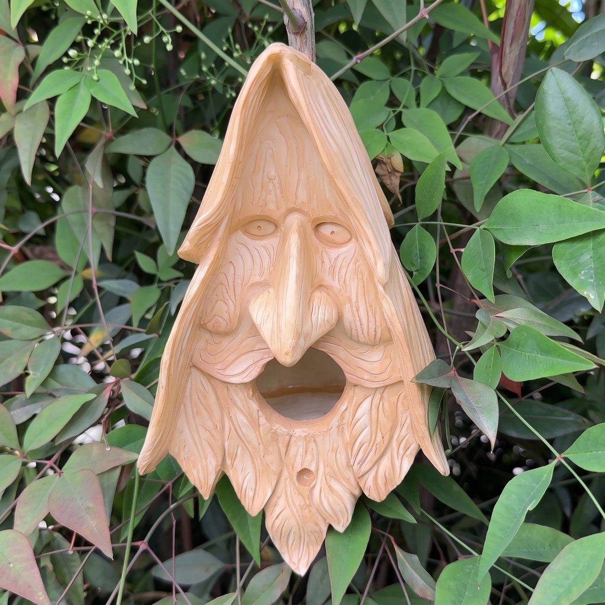 Dougal's hand-carved wood spirit birdhouse, front view