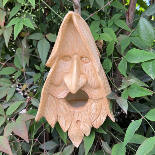 Dougal's hand-carved wood spirit birdhouse, front view