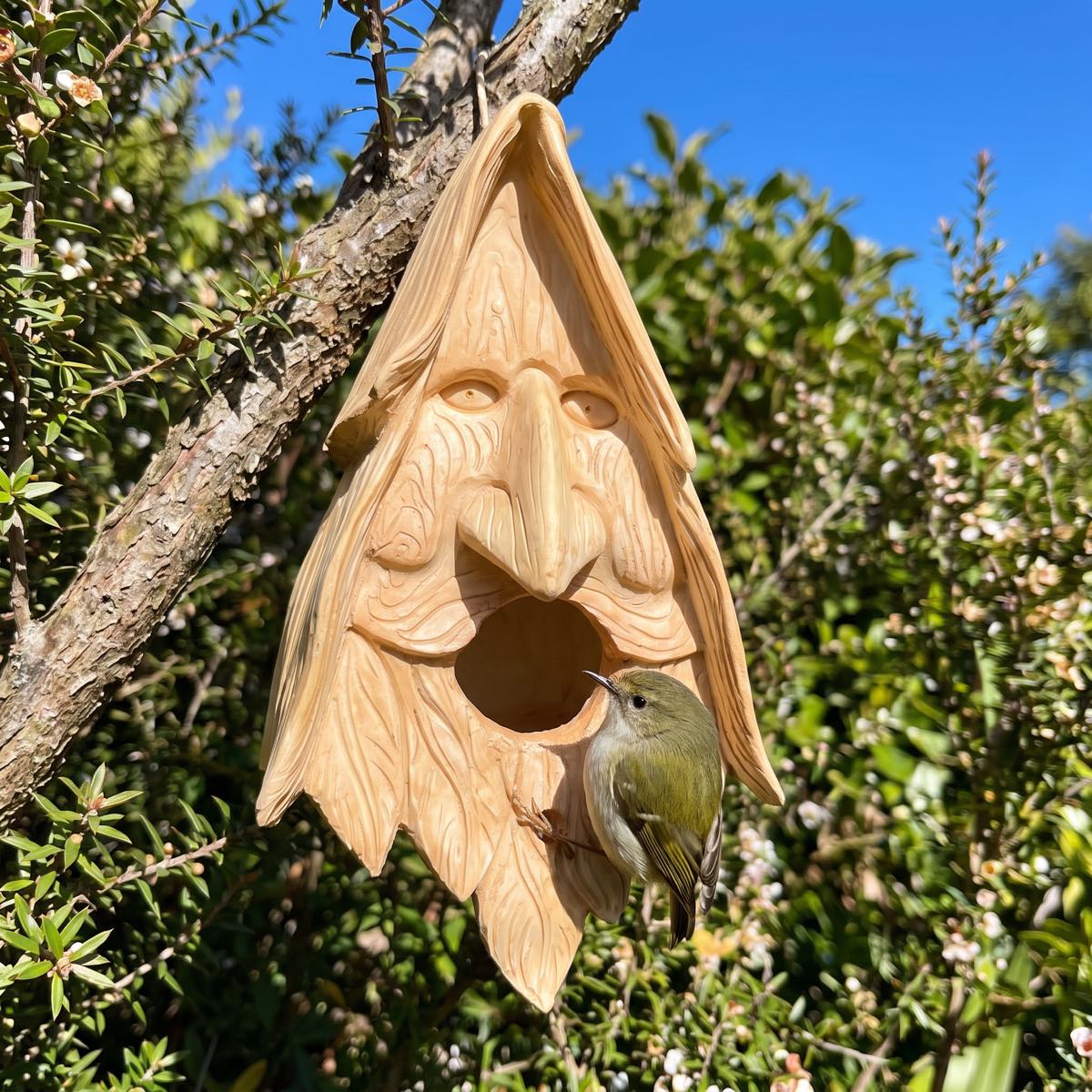 Rifleman at the mouth of the carved wood spirit birdhouse
