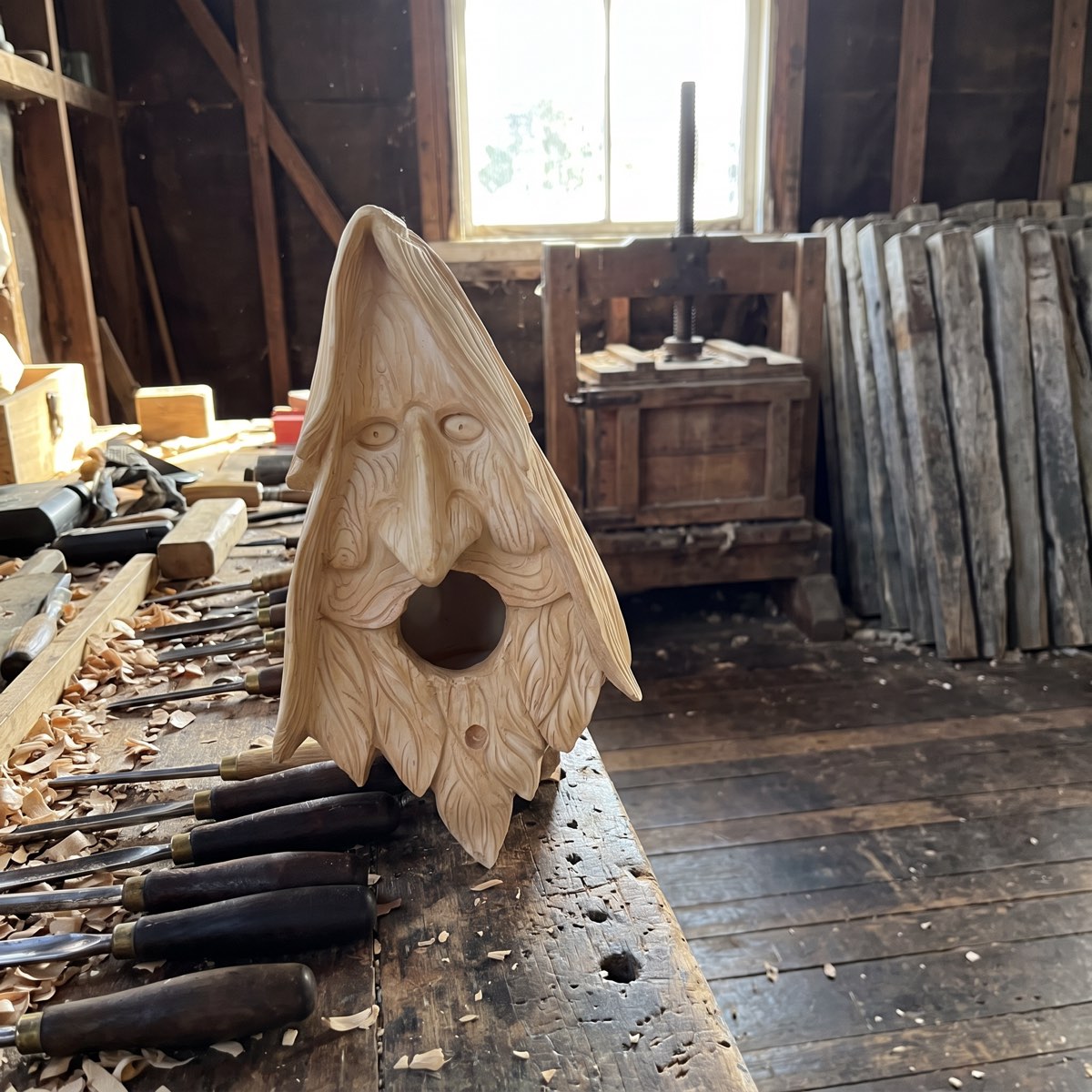 Wood spirit birdhouse on the workbench in Dougal's shearing shed