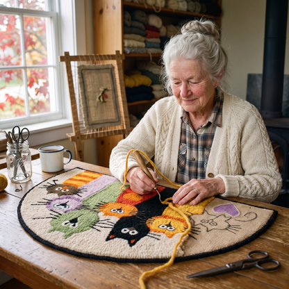 Effie hooking a Seven Cats rug by hand