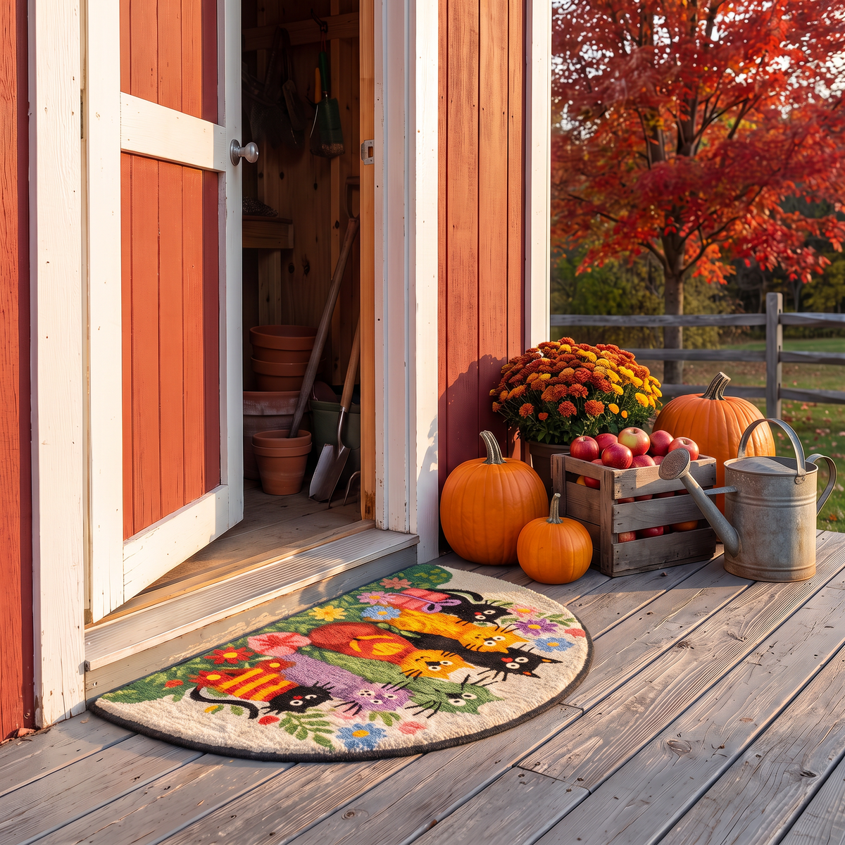 Seven Cats Flowers half-moon rug