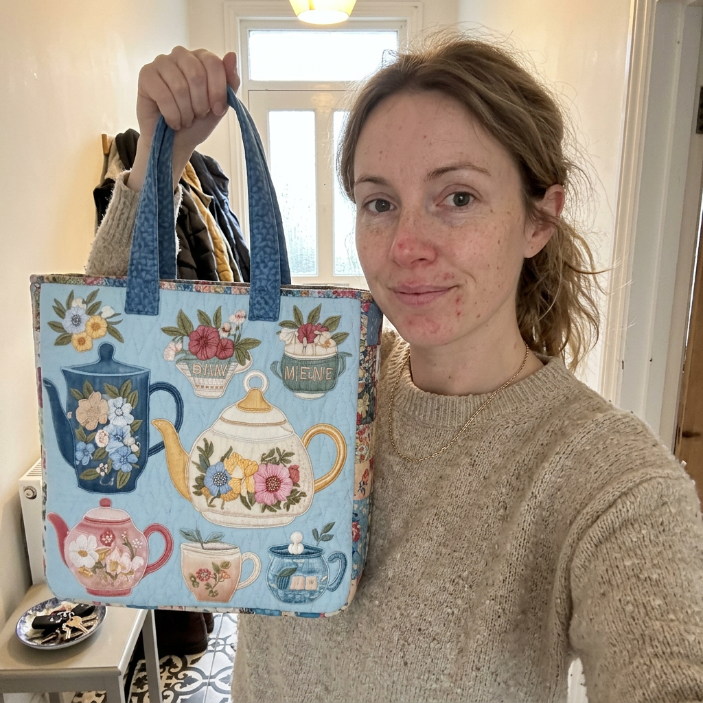 Customer selfie in her hallway holding the Blue Teatime quilted tote