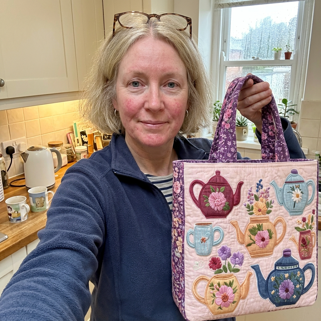 Customer selfie in her kitchen with the Rose Tea Set quilted tote