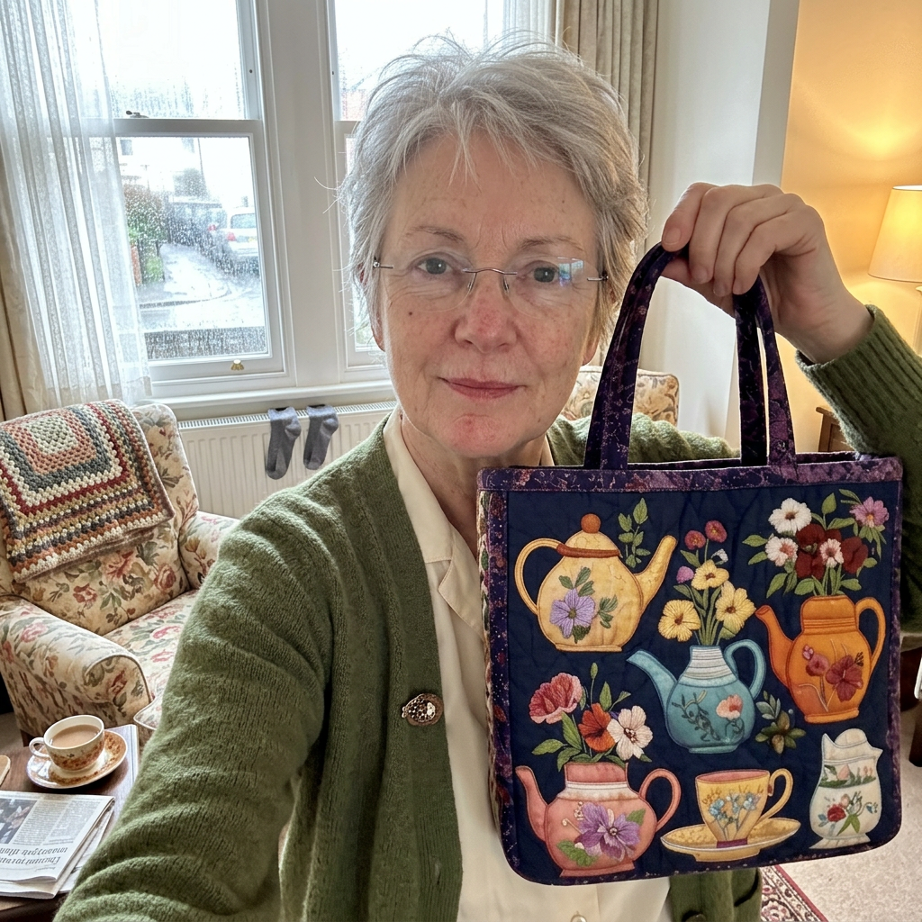 Customer selfie in her front room with the Navy Blossom quilted tote