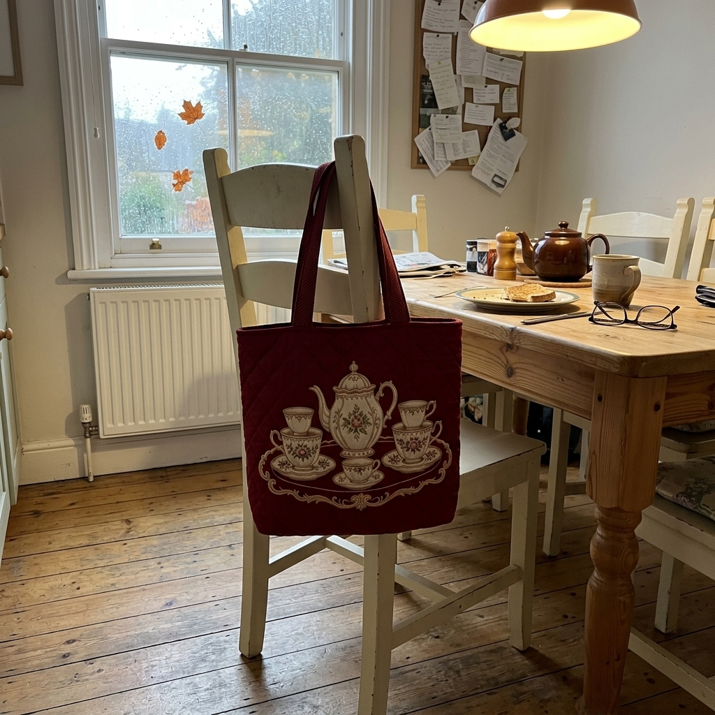 Red Tea Set quilted tote hanging on a kitchen chair