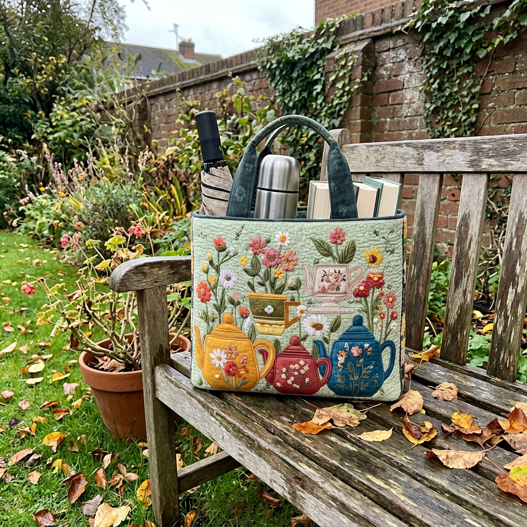 Packed Meadow Teapots quilted tote on a garden bench