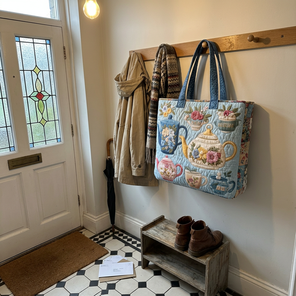 Blue Teatime quilted tote on a coat hook in a hallway