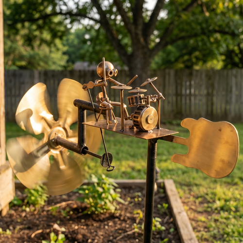 Handcrafted metal wind drummer whirligig with drummer figure and spinning drumsticks in garden setting