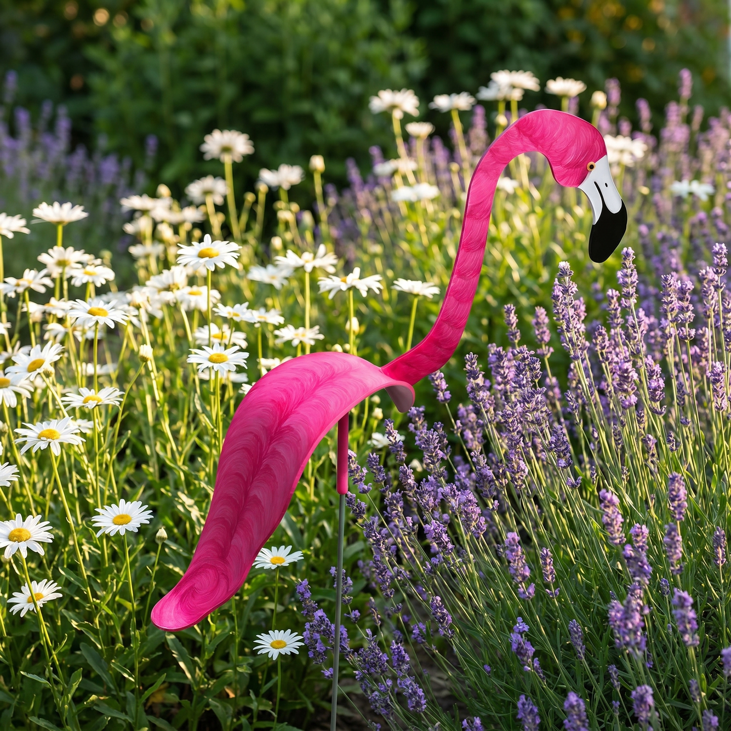 Hot pink hand-painted flamingo wind-spinner in a flower garden