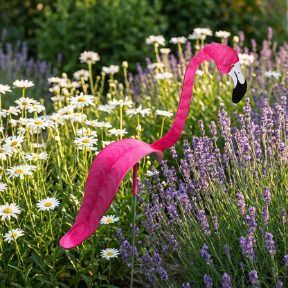 Hot pink hand-painted flamingo wind-spinner in a flower garden