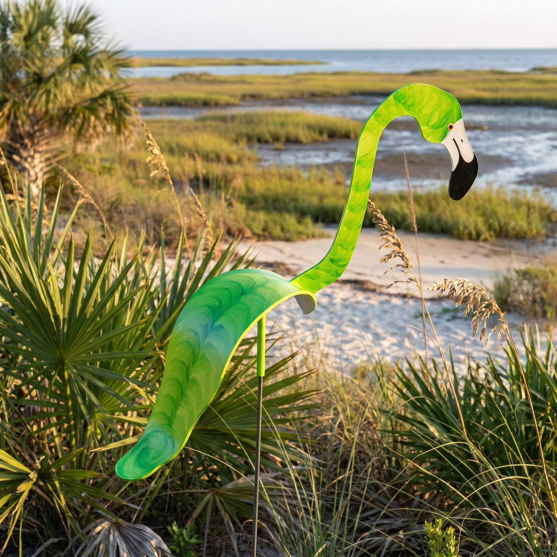 Key lime green hand-painted flamingo wind-spinner in morning light
