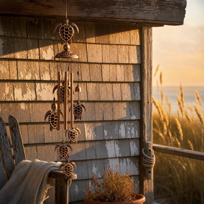 Nells Turtle Wind Chime hanging on a weathered Outer Banks porch beam at golden hour, sea oats in background