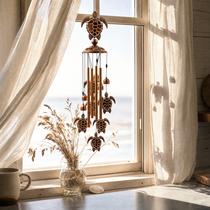 Nells Turtle Wind Chime hanging in a sunlit Outer Banks kitchen window above a vase of sea grass