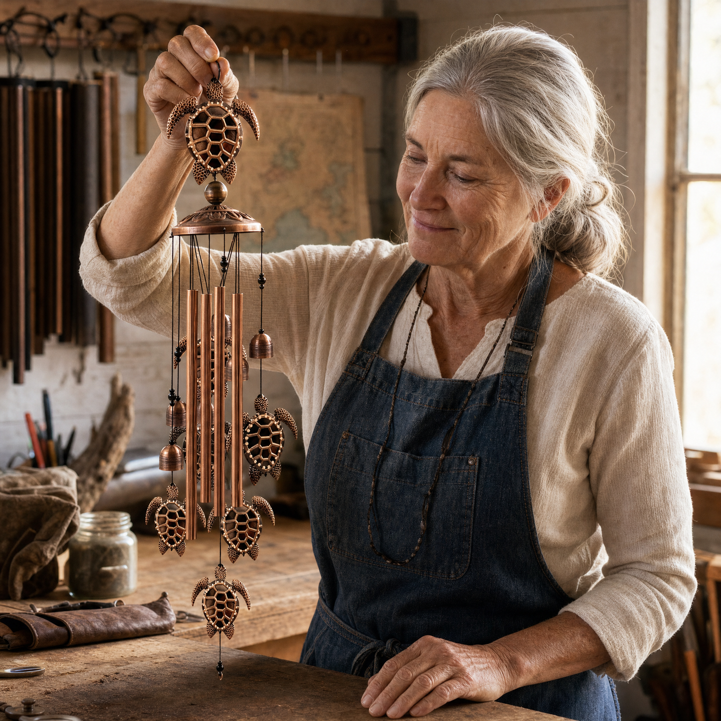 Eleanor 'Nell' Pearce in her Buxton, NC workshop holding up a finished bronze sea turtle wind chime