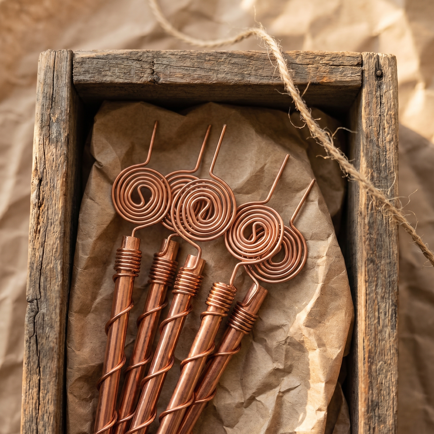 Top-down view of five Henri's Plant-Boosting copper garden stakes packed neatly in an aged wooden crate with brown craft paper and natural twine, ready to ship.