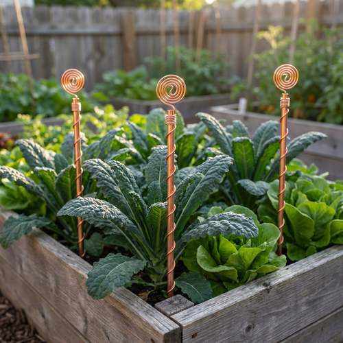 Three Henri's Plant-Boosting copper garden stakes installed in a raised cedar bed of lush lacinato kale and butter lettuce, plants visibly dense and vigorous, weathered backyard fence background.
