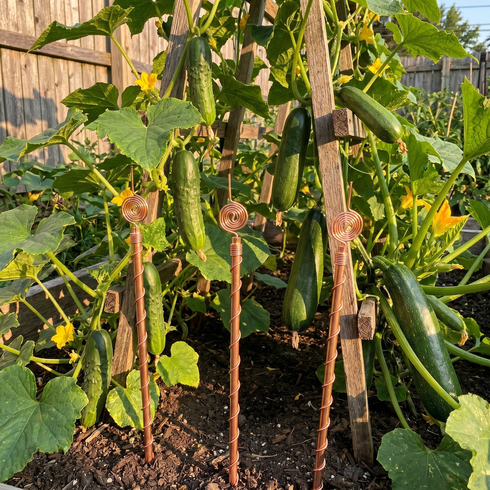Three Henri's Plant-Boosting copper garden stakes installed at the base of cucumber and zucchini vines on a backyard wooden trellis, abundant ripe cucumbers and zucchinis hanging.