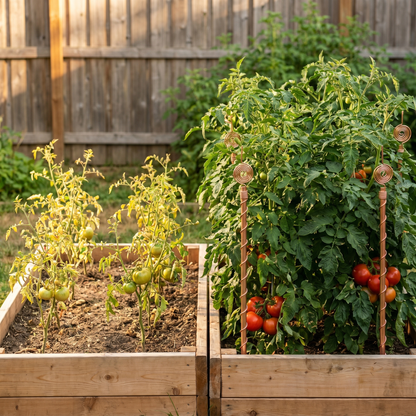 Side-by-side comparison of two adjacent raised cedar beds in the same backyard. Left bed without Henri's Plant-Boosting copper stakes — sparse, struggling heritage tomatoes. Right bed with stakes — dramatically lush, dense, abundant ripe Brandywine tomatoes.