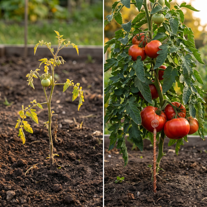 Single-plant comparison. Left plant without a copper stake — scrawny, yellowing, almost no fruit. Right plant with Henri's Plant-Boosting copper stake at its base — dramatically vigorous with abundant ripe red Brandywine tomatoes.