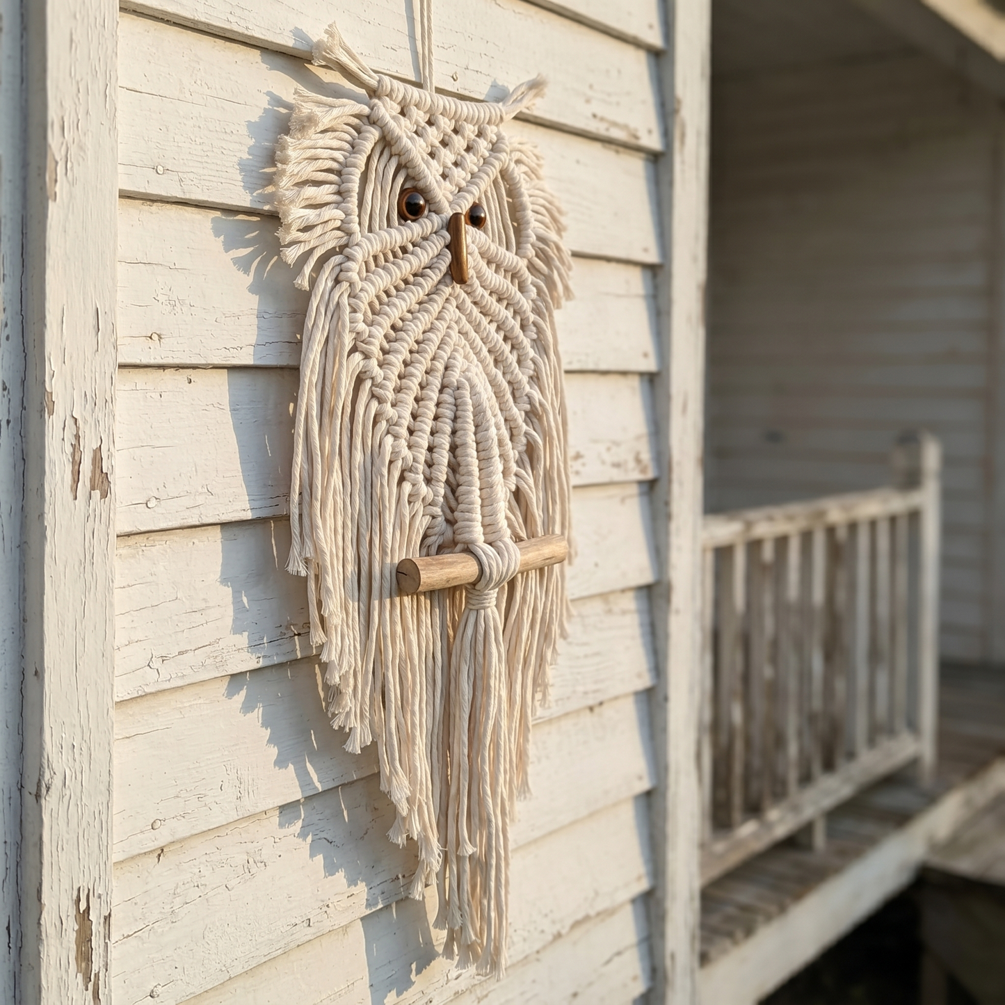 The Owl - hand-knotted macrame wall hanging on white clapboard siding