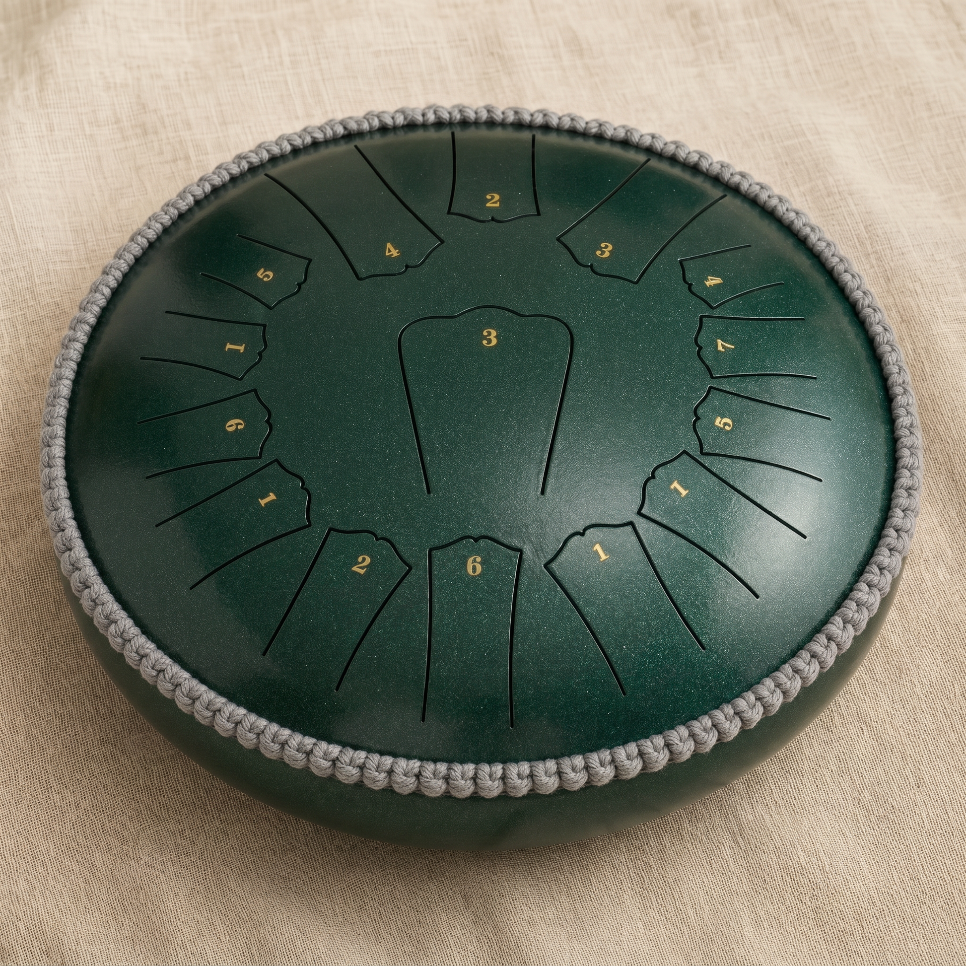 Rain drum in deep forest green pearl finish on linen