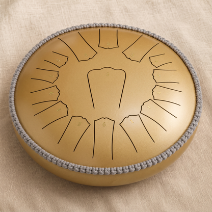Rain drum in warm golden metallic finish on linen