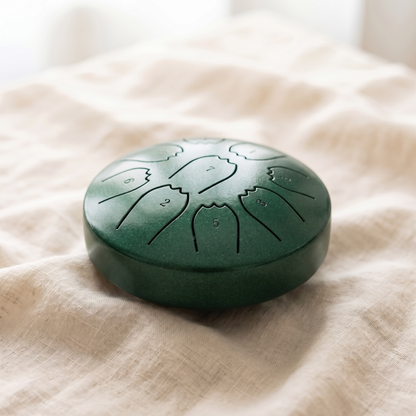 Standard rain drum in deep forest green pearl finish on linen