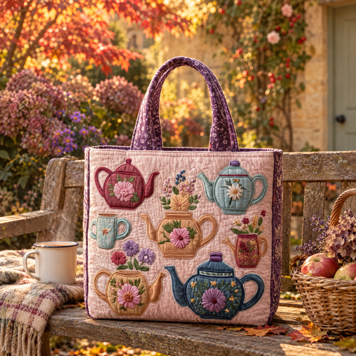 Rose Tea Set - Elspeth's handquilted teapot tote in blush pink