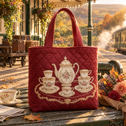 Red Tea Set - Elspeth's handquilted teapot tote in deep burgundy