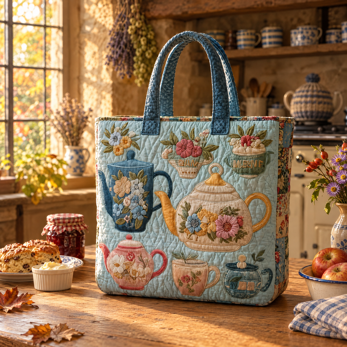 Blue Teatime - Elspeth's handquilted teapot tote in powder blue