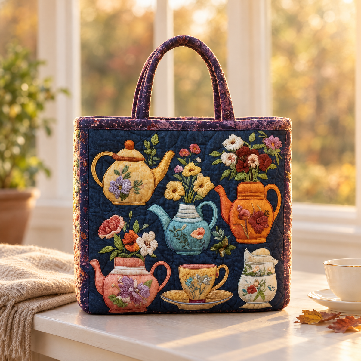 Navy Blossom - Elspeth's handquilted teapot tote in midnight navy