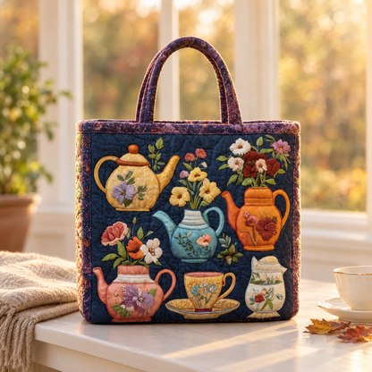 Navy Blossom - Elspeth's handquilted teapot tote in midnight navy
