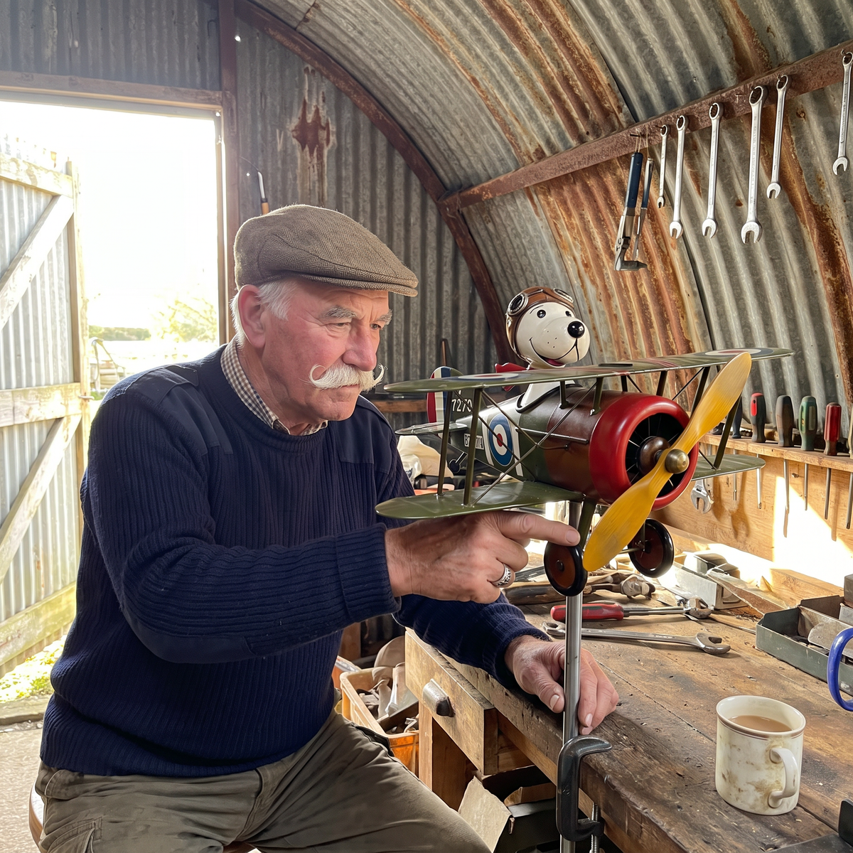 Dennis Hartley balancing the propeller of a Flying Ace spinner in his workshop