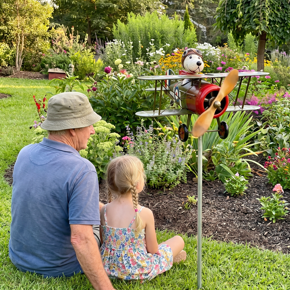 Grandfather and granddaughter watching the wind spinner turn in the garden