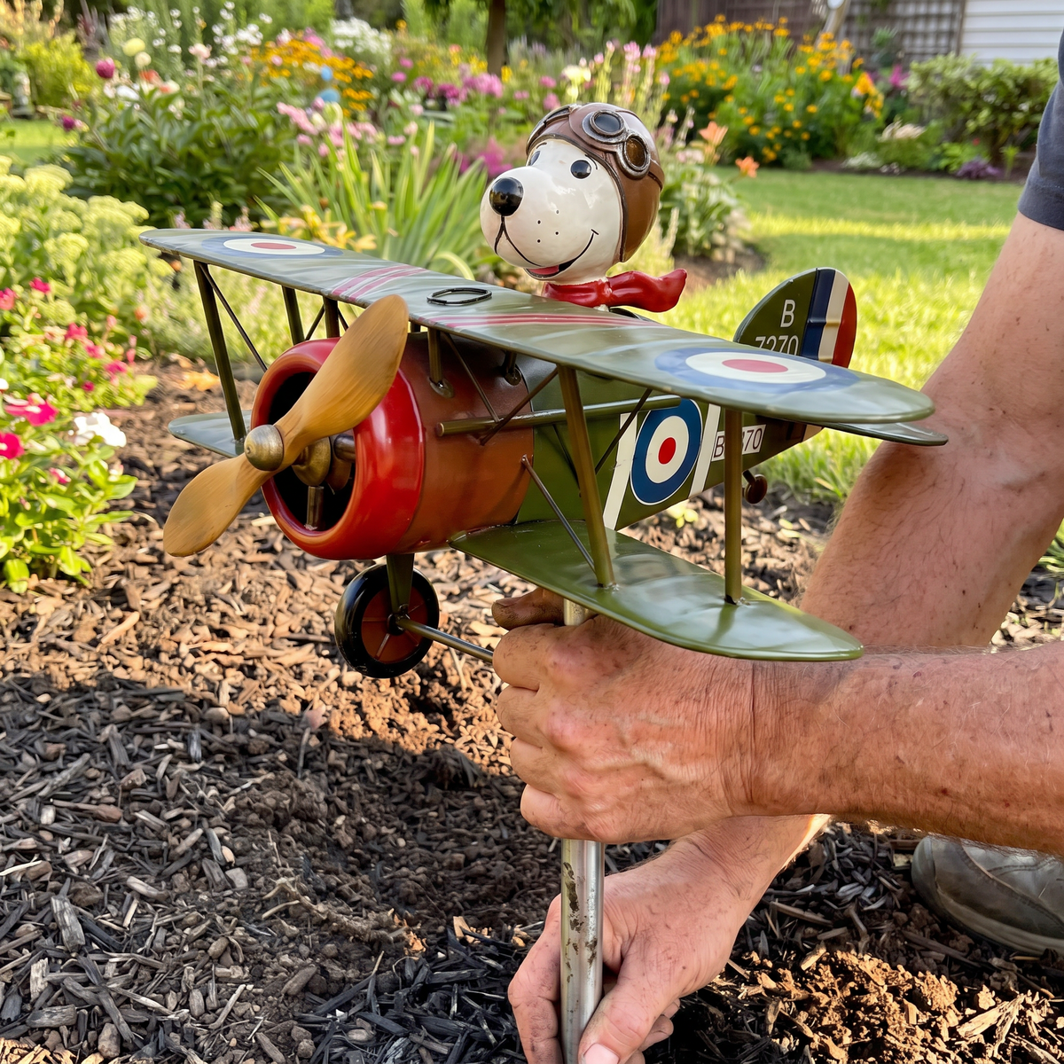 Hands pushing the garden stake of the wind spinner into the mulch