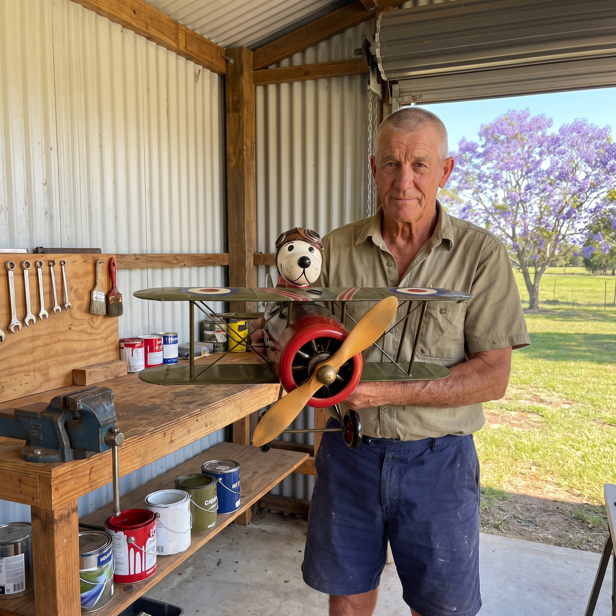 Nev Barclay holding a Flying Ace wind spinner in his shed