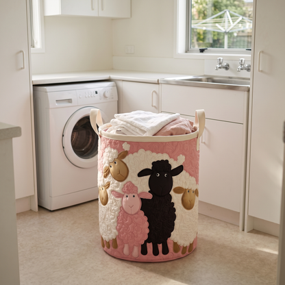 Pink Flock quilted sheep basket in a New Zealand laundry