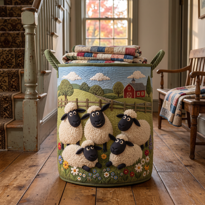 Green Pastures quilted sheep basket in a farmhouse front hall