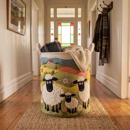 Pastoral Flock quilted sheep basket in a villa hallway