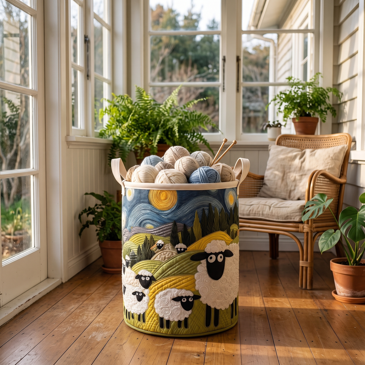 Starry Night quilted sheep basket with wool in a sunroom