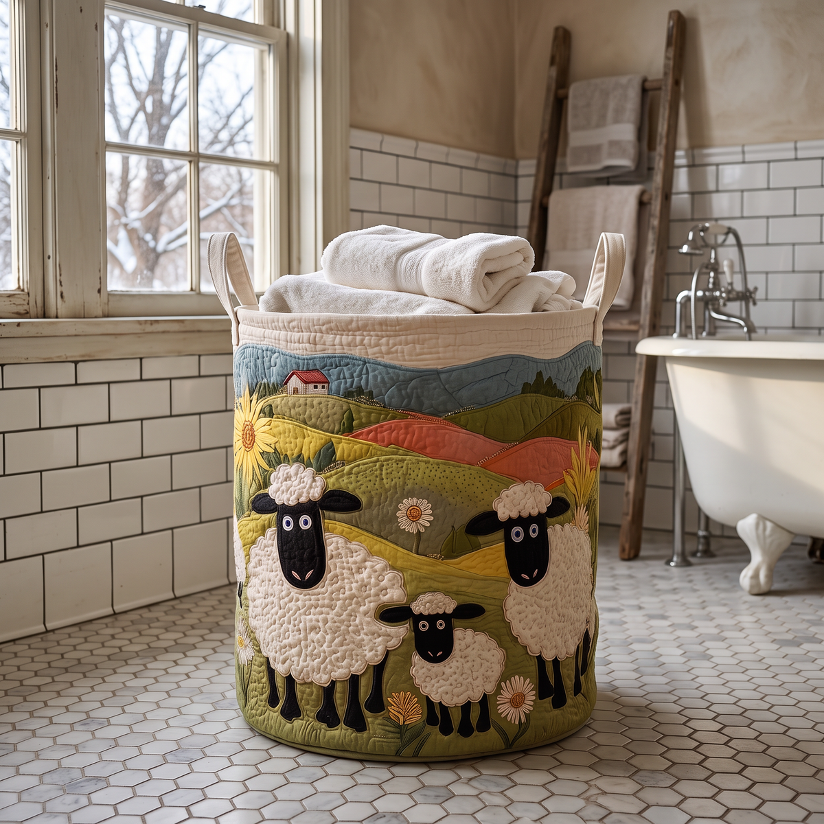 Pastoral Flock quilted sheep basket in a farmhouse bathroom